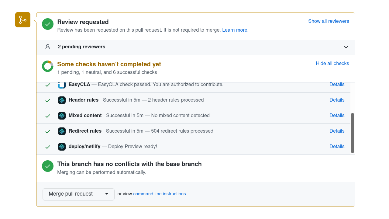 GitHub PR 详细信息,包括 Netlify 预览链接
